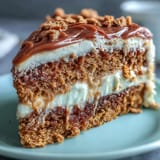 Whole Decadent Baked Biscoff Cake with Creamy Lotus Frosting sits on a marble board topped with extra spread.