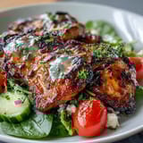 Grilled chicken and veggie bowl drizzled with lemon vinaigrette, packed with fresh spinach, tomatoes, and bell peppers.