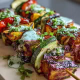 Vibrant summer grilled veggie skewers with chimichurri, featuring colorful peppers, zucchini, and mushrooms charred to smoky perfection.