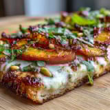 Sweet peaches and creamy Brie top crispy grilled flatbread with a drizzle of BBQ sauce.  