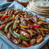Juicy chicken fajitas, vibrant peppers, and onions roasted perfectly on a single sheet pan.
