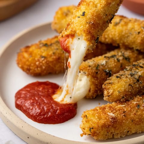 A close-up shot of perfectly fried mozzarella sticks, ideal for a crowd-pleasing appetizer with marinara.