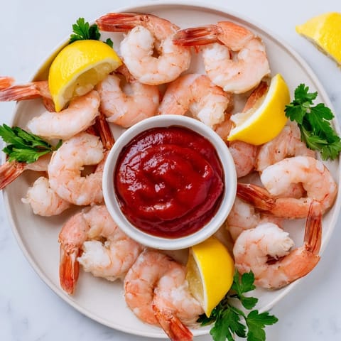 Fresh, perfectly cooked shrimp cocktail, presented with lemon wedges and tangy cocktail sauce for dipping.