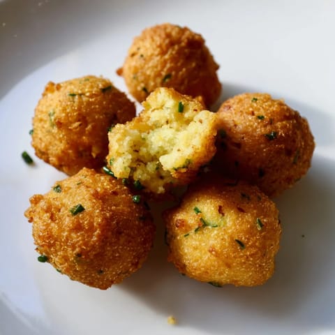 Freshly fried hushpuppies, steaming hot, showcasing their perfectly golden, textured exterior from the deep fryer.