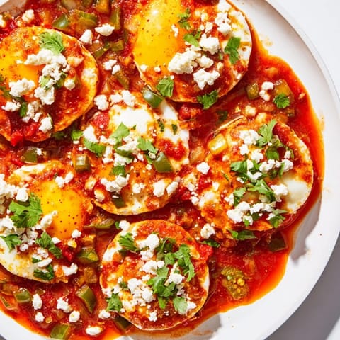Vibrant Shakshuka dish: eggs poached in spicy tomato sauce, served with crusty bread.