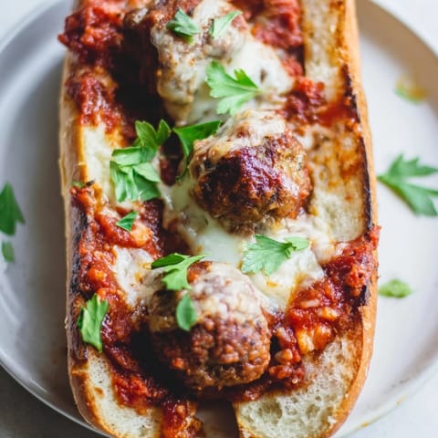 A close-up of a bubbling Meatball Sub, featuring melted cheese and a marinara sauce filling.