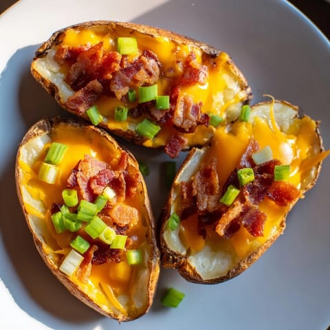 Golden, bubbly cheddar cheese melts over crispy Potato Skins, topped with bacon and scallions.