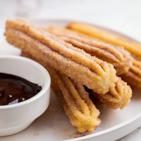 Golden brown churros, crispy and dusted in cinnamon sugar, ready to be dipped in chocolate.