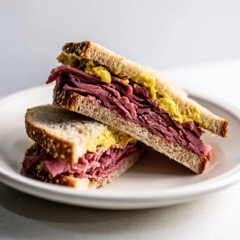 Close-up of a delicious Pastrami on Rye, showcasing juicy pastrami and toasted rye bread.