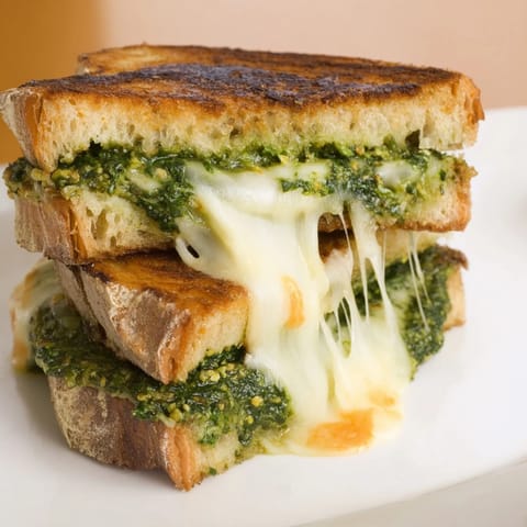 Spinach pesto grilled cheese recipe showing gooey melted cheese and crispy golden bread crust, with fresh basil and pine nuts nearby.  