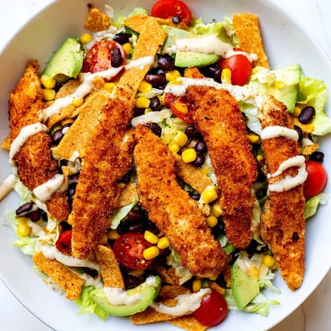 A vibrant bowl of Crispy Chicken Taco Salad features crunchy tortilla strips and creamy salsa ranch drizzle.  
