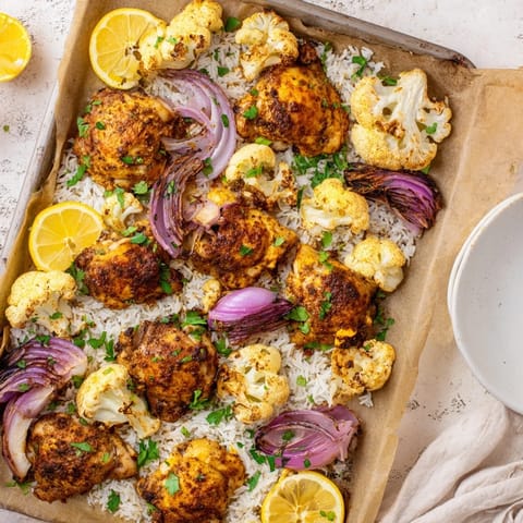 Golden-brown roasted cauliflower chicken sheet pan with fluffy rice, fresh parsley, and lemon wedges.  