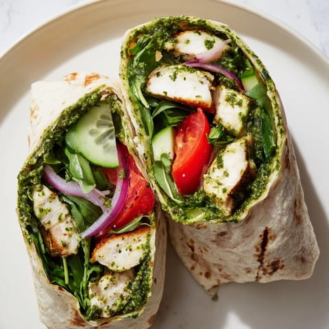 A fresh Chimichurri Chicken Salad Wrap with tender slices, creamy avocado, and colorful vegetables wrapped in a soft tortilla.