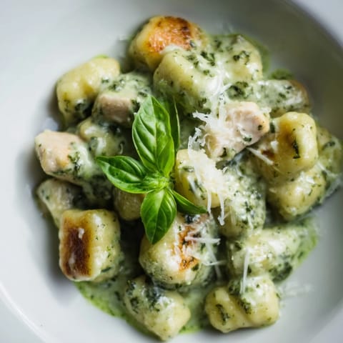 Savory Creamy Pesto Gnocchi with Chicken plated steaming hot, golden pasta bites mingling with tender chicken in a lush green herb sauce.