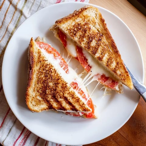 A close-up of Pepper Jack & Tomato Grilled Cheese, featuring melted cheese and fresh tomatoes, served on a rustic wooden cutting board.