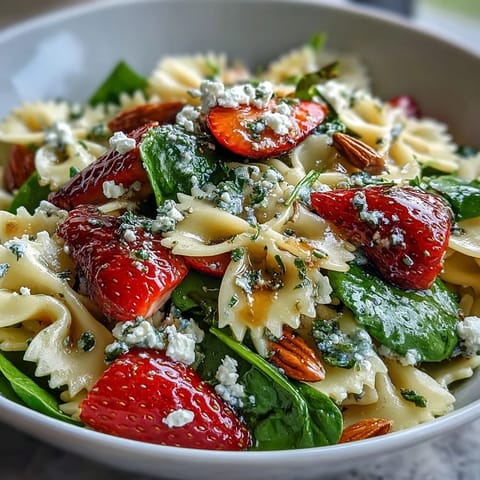 Bright Spring Spinach Strawberry Pasta Salad served in a white bowl with sliced almonds and crumbled feta on top.