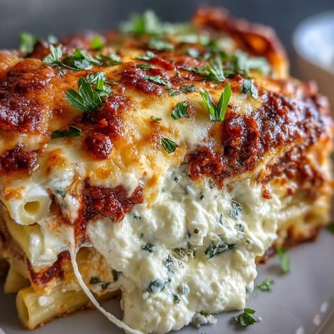 Golden, bubbly mozzarella tops layers of ziti, rich tomato sauce, and creamy ricotta in this Freezer Make-Ahead Baked Ziti.  