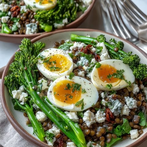 A close-up of French Lentil Salad With Broccolini and Soft-Cooked Eggs, featuring tender greens and jammy eggs atop a vibrant bed of lentils.
