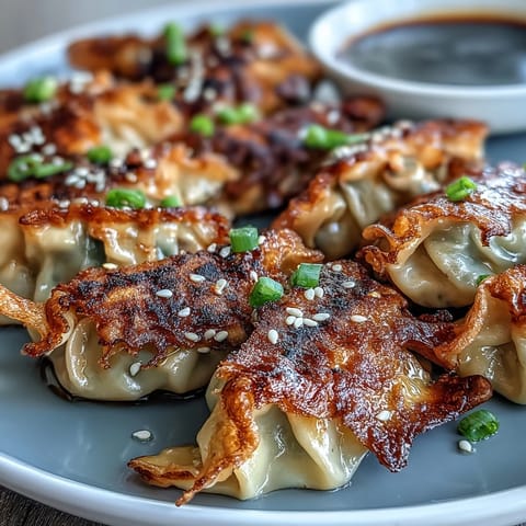 Crispy, golden smashed gyozas sizzling in a pan, served with a tangy soy-vinegar dipping sauce for a quick Asian fusion appetizer.
