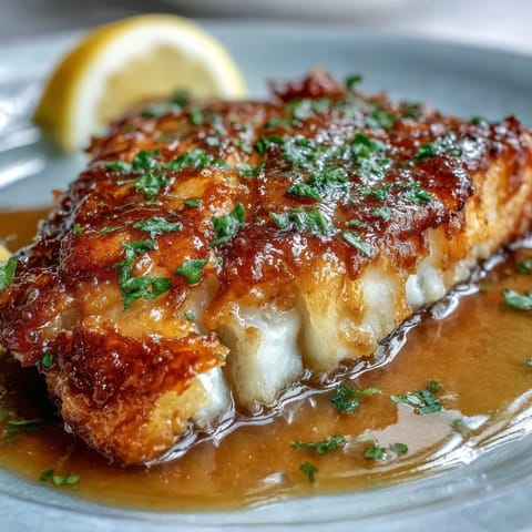 Golden-brown flounder meunière fillets resting on a white platter, garnished with fresh parsley and lemon wedges.
