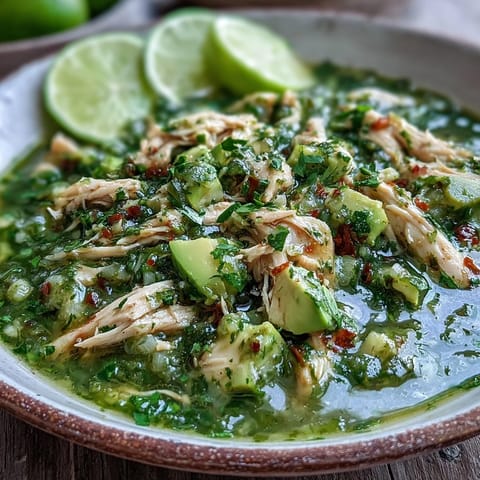 Homemade Chicken Chili Verde served in a white bowl with warm corn tortillas, diced avocado, and fresh radishes.