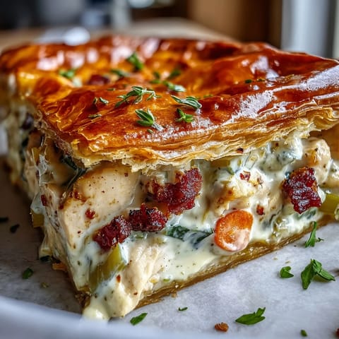A close-up of Chicken and Leek Pie reveals tender chicken and smoky bacon in a creamy leek sauce.  