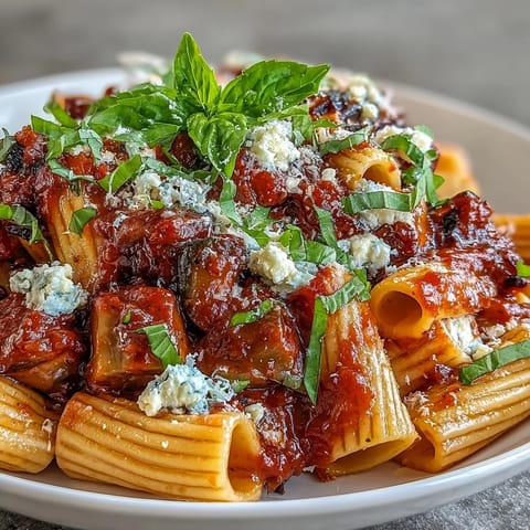 Golden roasted eggplant and rich tomato sauce tossed with rigatoni for a classic Pasta Alla Norma.  