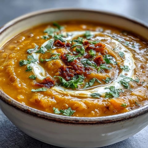A bowl of golden Carrot and Lentil Soup topped with fresh herbs and a coconut swirl.