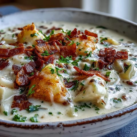 Creamy New England Clam Chowder in a rustic bowl garnished with fresh parsley and oyster crackers.