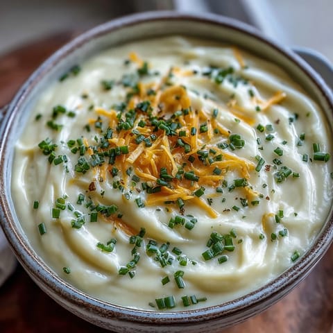 Creamy, velvety Cream of Potato Soup served warm in a rustic bowl, topped with fresh chives and shredded cheddar cheese.