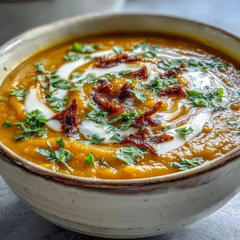 Creamy orange Carrot and Lentil Soup simmering in a pot, with steam rising and warm spices.