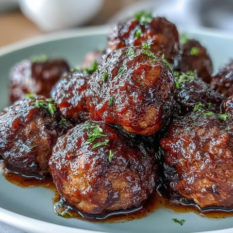A spoon lifts sticky Grape Jelly and Chili Sauce Meatballs from a slow cooker next to toothpicks for easy party serving.