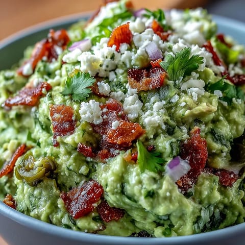 Creamy Bacon Guacamole with Cotija Cheese in a rustic bowl, topped with crispy bacon crumbles, diced tomatoes, and fresh cilantro.