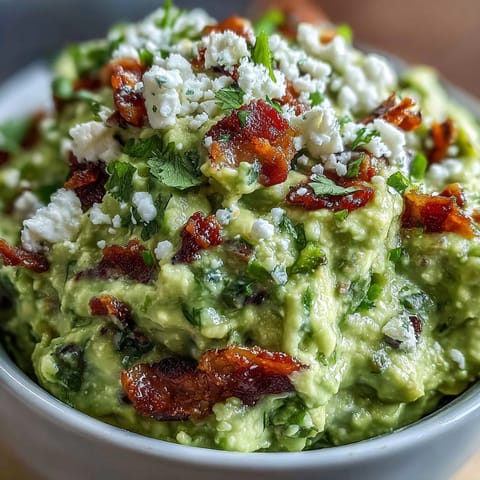 A skillet of freshly cooked bacon sits beside mashed avocados, red onion, and jalapeños for this Bacon Guacamole with Cotija Cheese.