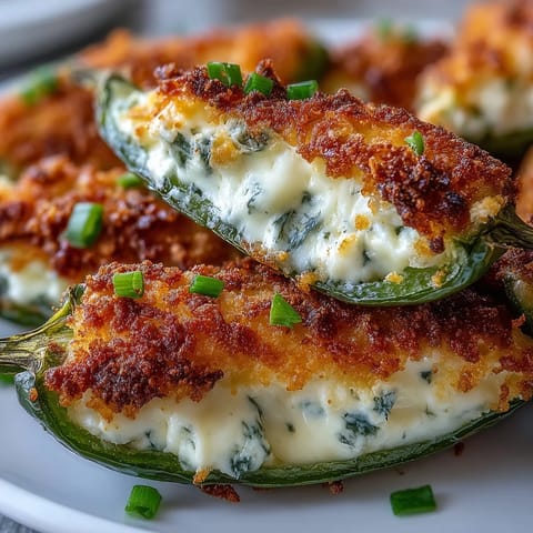 Golden Air Fryer Jalapeño Poppers with melted cheese filling and crispy breadcrumbs, served warm on a platter.