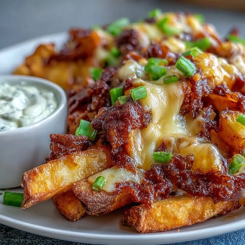 Sizzling hot Cheesy BBQ Fries smothered in bubbly cheese beside a cool bowl of ranch dip.