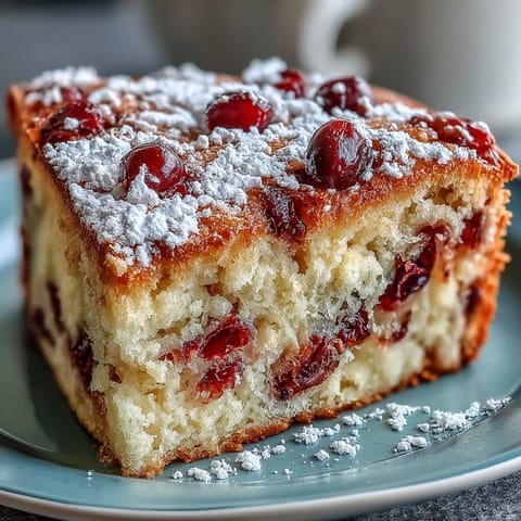 Freshly baked Cranberry Orange Breakfast Cake with a tender crumb, vivid orange zest, and tart cranberry bursts on a cooling rack.