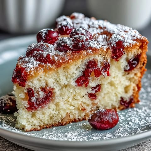 A slice of Cranberry Orange Breakfast Cake is dusted with powdered sugar, perfect for a cozy brunch served with coffee.