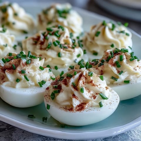 Million Dollar Deviled Eggs filled with creamy yolks, mayo, and cream cheese sit neatly on a chilled serving tray.
