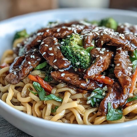 Steam rises from a colorful skillet of crisp bell peppers, carrots, and Korean-inspired beef noodles ready to garnish with sesame seeds. 