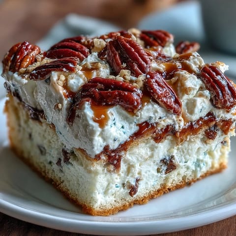 A whole Butter Pecan Tres Leches Cake sits in a glass baking pan with pecans.