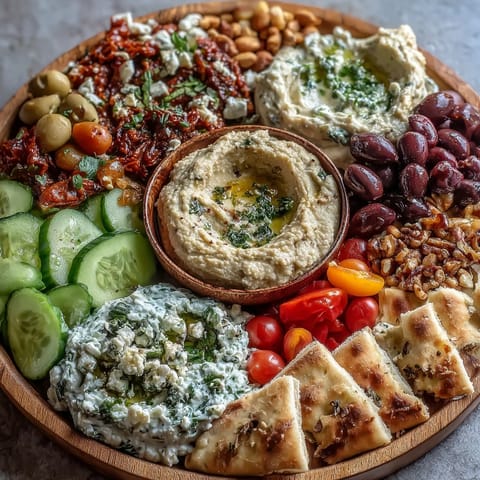Close-up of a Mediterranean Brunch Board with Dips and Flatbreads, showing warm pita triangles, briny olives, and crunchy mixed nuts ready for scooping.