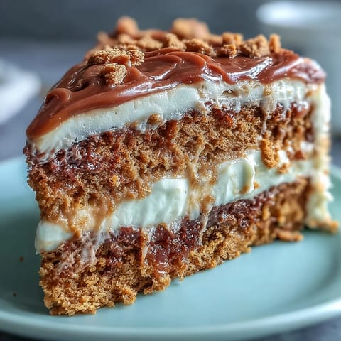 Whole Decadent Baked Biscoff Cake with Creamy Lotus Frosting sits on a marble board topped with extra spread.