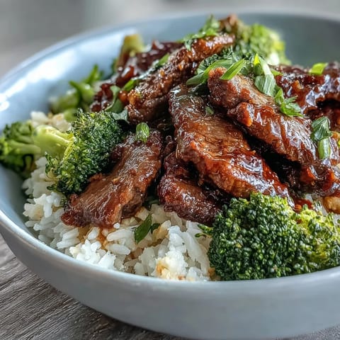 Beef and Broccoli Bowl served over fluffy rice, topped with crisp steamed broccoli and savory sauce.