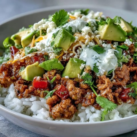 Freshly cooked ground turkey sizzles with spices in a Turkey Taco Bowl, topped with creamy avocado, cheese, and cilantro.