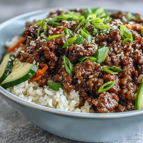 Savory Korean Ground Beef Bowl over fluffy rice topped with crisp pickled carrots and cucumbers.