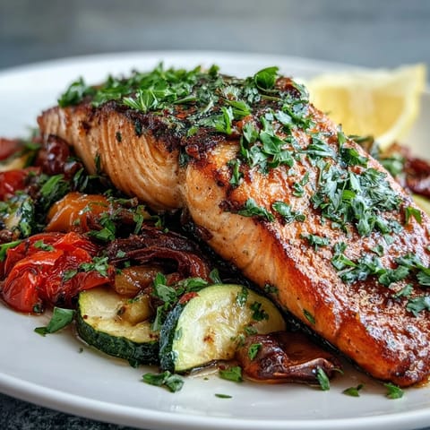 Perfectly roasted Sheet Pan Salmon and Veggies Bowl featuring tender salmon, caramelized onions, and colorful bell peppers.