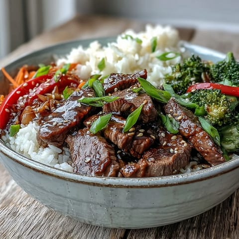 Steamed white rice topped with tender beef glazed in sweet teriyaki sauce and crisp sautéed broccoli and bell peppers.