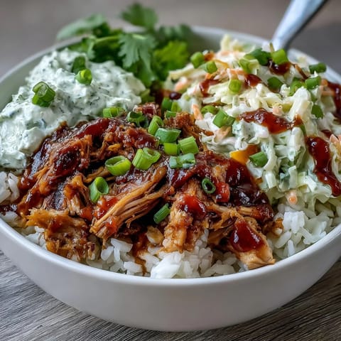 A close-up of a vibrant Pulled Pork Bowl featuring slow-cooked pork, fluffy rice, and creamy coleslaw with smoky BBQ sauce.