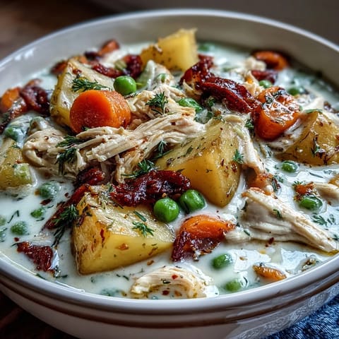 Creamy slow cooker chicken pot pie soup with tender chicken, potatoes, and vegetables in a rich, savory broth.